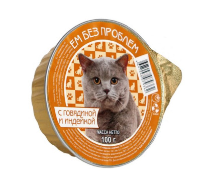 ЕМ БЕЗ ПРОБЛЕМ Консервы для кошек Паштет из говядины с индейкой, ламистер, 100гр