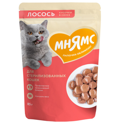 Влажный корм Мнямс Кусочки в соусе с лососем для стерилизованных кошек, 85г