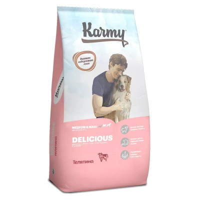 Karmy Delicious Medium & Maxi Телятина 14 кг. Полнорационный сухой корм для собак средних и крупных пород в возрасте старше 1 года, для привередливых собак