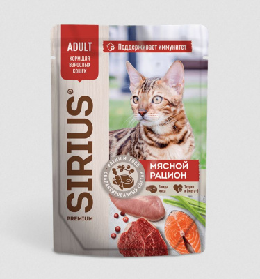 SIRIUS Влажный корм для взрослых кошек мясной рацион в соусе, 85 гр