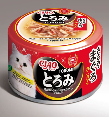Влажный корм для кошек INABA Ciao Toromi Куриное филе с тунцом магуро и сурими, 80 гр