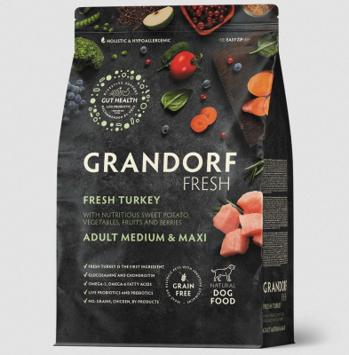 GRANDORF Fresh DOG Adult  MED&MAXI Сухой корм для собак средних и крупных пород, индейка с бататом, 1 кг