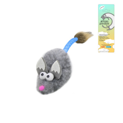 Игрушка GOSi для кошек "Лисенок с ушами" Серый с хвостом трубочка и кисточкой из меха