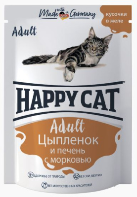 Happy Cat Влажный корм для кошек Цыпленок и печень с морковью кусочки в желе 100 гр