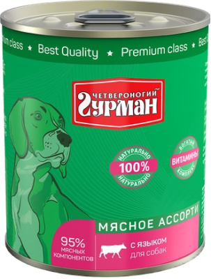 Четвероногий гурман Корм консервированный для собак "Мясное ассорти с языком", 340 г