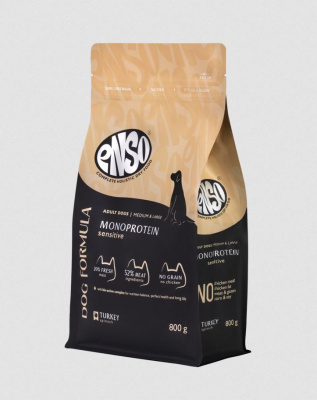 ENSO Dog Formula Monoprotein сухой корм для взрослых собак средних и крупных пород со свежей индейкой с добавлением шпината, 800 гр