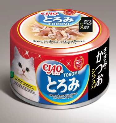 Влажный корм для кошек INABA Ciao Toromi Куриное филе с тунцом Кацуо и мальками Ширасу, 80 гр