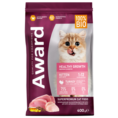 Сухой корм AWARD Healthy growth для котят от 1 месяца, беременных и кормящих кошек с индейкой и курицей с добавлением рыбьего жира и семян льна, 400 г