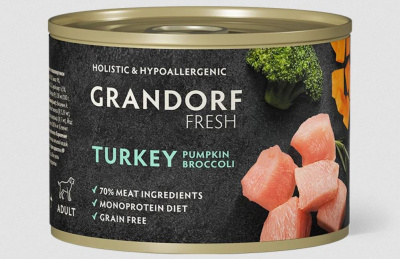 Монопротеиновый влажный корм   GRANDORF FRESH из индейки с тыквой и брокколи для собак всех пород, 200 гр