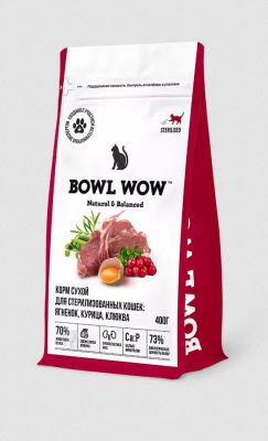 BOWL WOW Сухой корм для стерилизованных кошек с ягненком, курицей и клюквой, 400 г