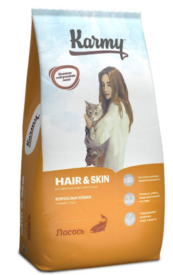 Karmy Hair&Skin Сухой корм для кошек, поддерживающий здоровье кожи и шерсти, Лосось10кг