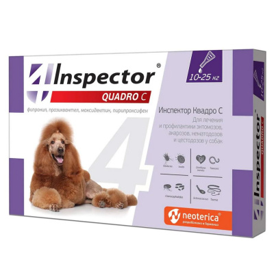 Inspector Quadro капли на холку для собак 10-25кг,от блох, клещей, гельминтов 1 пипетка