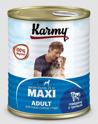 KARMY MAXI Adult Полнорационный консервированный корм для взрослых собак крупных пород с говядиной и гречкой, 850г.