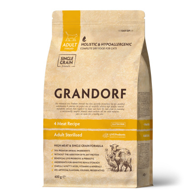 GRANDORF CAT сух.корм д/кошек PROBIOTIC STERILISED 4 мяса с рисом и пробиотиками  400 гр