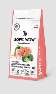 BOWL WOW Сухой корм для стерилизованных кошек с лососем, белой рыбой и брокколями, 1,5 кг