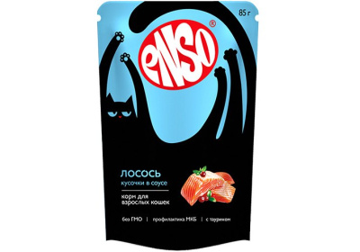 ENSO Корм влажный для кошек, кусочки в соусе с лососем, пауч 85г