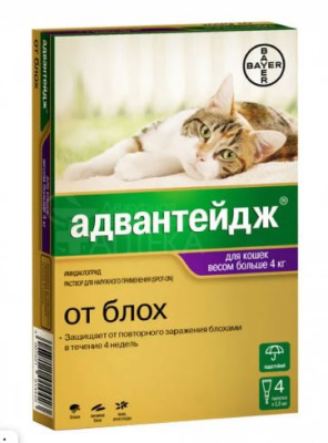 Адвантейдж Капли на холку от клещей и блох для Кошек весом более 4 кг