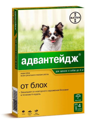 Адвантейдж капли на холку от блох для щенков и собак менее 4 кг – 4 пипетки