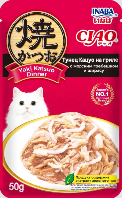 Влажный корм для кошек Inaba Ciao Yaki Katsuo Dinner Тунец Кацуо на гриле с морским гребешком и ширасу, 50 г