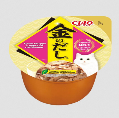 Влажный корм для кошек INABA Kin no dashi cup для кошек консервы Тунец Магуро с морским гребешком, 70 гр