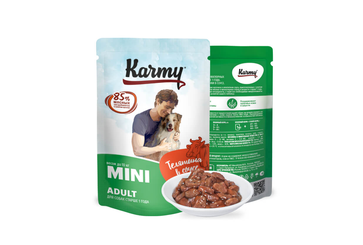 Karmy Mini Adult влажный корм для собак мелких пород старше 1 года Мясные кусочки в соусе, Телятина  5+1, 480 гр