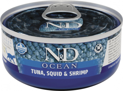 Консервы FARMINA N&D CAT OCEAN TUNA, SQUID, SHRIMP для взрослых кошек с тунцом, кальмаром и креветками - 80 гр