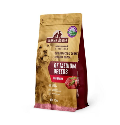 Сухой полнорационный корм Верные друзья для взрослых собак средних пород с говядиной, 5 кг
