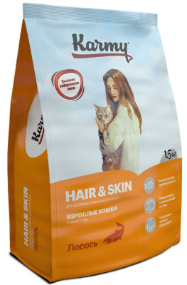 Karmy Hair&Skin Сухой корм для кошек, поддерживающий здоровье кожи и шерсти, Лосось 1,5кг