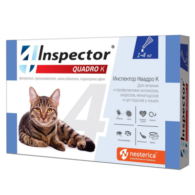 Inspector Quadro капли на холку для кошек 1-4 кг от блох, клещей, гельминтов, 1 пипетка