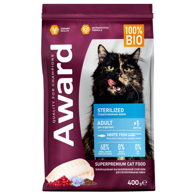 Сухой корм AWARD Sterilized для взрослых стерилизованных кошек с белой рыбой с добавлением семян льна, клюквы и цикория, 400 г