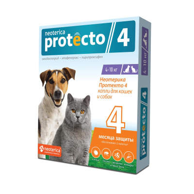 Neoterica Protecto 4 Капли на холку для кошек и собак 4-10 кг, 2 пипетки