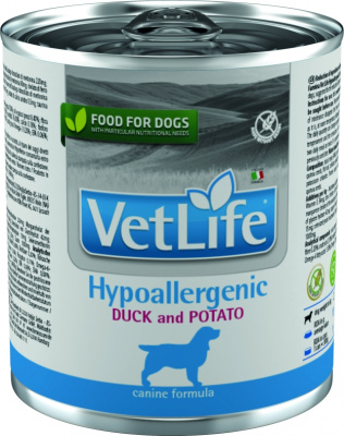 Консервы FARMINA VETLIFE NATURAL DIET DOG HYPOALLERGENIC DUCK & POTATO для взрослых собак всех пород с уткой и картофелем гипоаллергенный при пищевой непереносимости - 300 гр