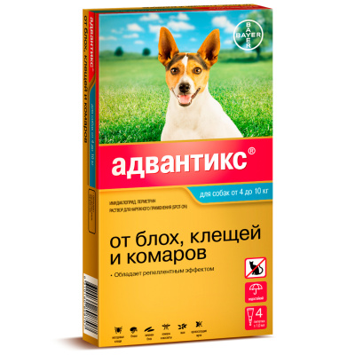 Адвантикс капли на холку для собак от блох, клещей и летающих насекомых от 4 до 10 кг пипетки, 4 шт