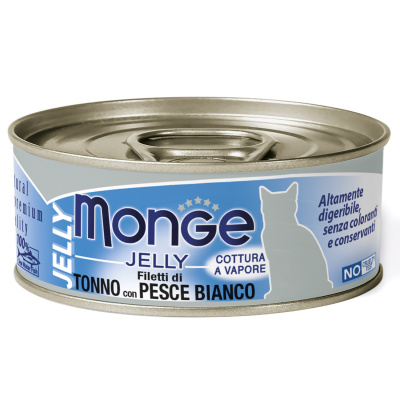 Влажный корм Monge jelly Adult cat для взрослых кошек с желтоперым тунцом и белой рыбой, консервы - 80 г