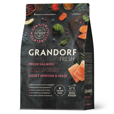 Grandorf Fresh Dog Adult Med&Maxi Salmon&Sweet Potato Cухой беззерновой корм с живыми пробиотиками для взрослых собак средних и крупных пород с филе лосося и бататом - 1 кг