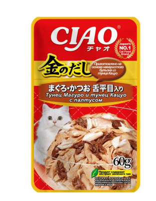 INABA Kinnodashi  влажный корм для кошек Тунец Магуро и тунец Кацуо с палтусом, паучи 60г