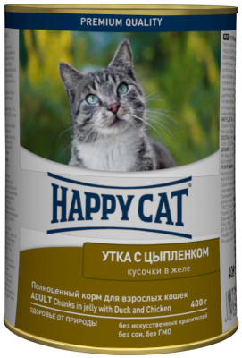 Happy Cat Консервированный корм для кошек Утка с цыпленоком кусочки в желе 400 гр