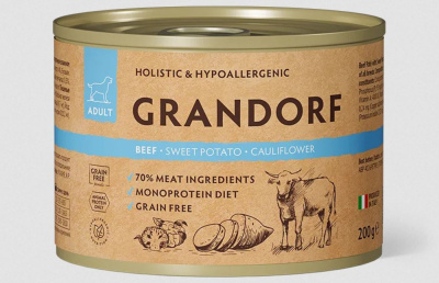 Монопротеиновый влажный корм   GRANDORF из говядины с бататом и цветной капустой для собак всех пород , 200 гр