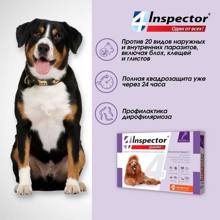 Inspector Quadro капли на холку для собак 10-25кг,от блох, клещей, гельминтов 1 пипетка