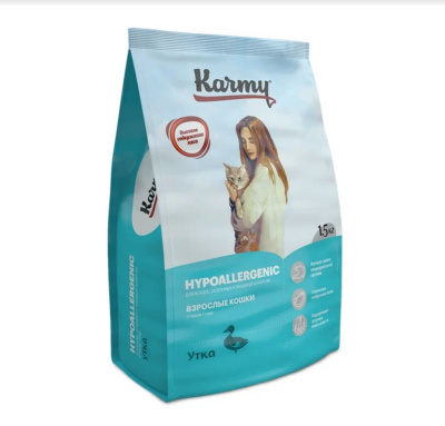 Сухой полнорационный корм KARMY Hypoallergenic для кошек склонных к пищевой аллергии, Утка — 1,5кг + Стикер "Акция 500г бесплатно"