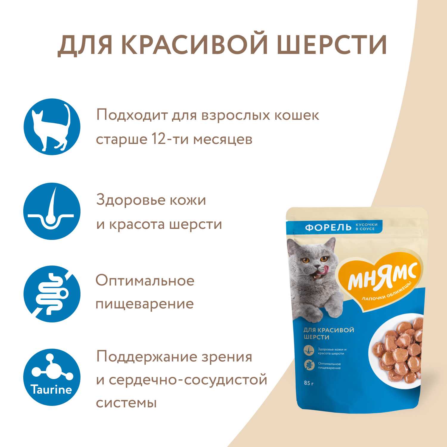 Влажный корм Мнямс Кусочки в соусе с форелью для красивой шерсти кошек, 85г