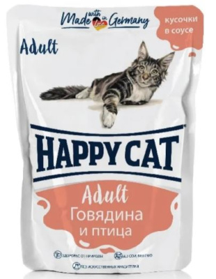 Happy Cat Влажный корм для кошек Говядина с птицей в соусе 100 гр