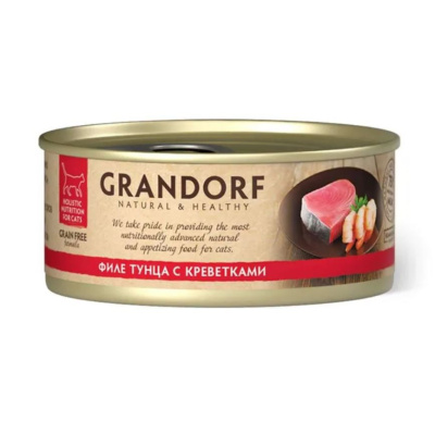 Консервы для кошек GRANDORF Филе тунца с креветками в собственном соку, 70 гр