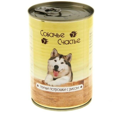 Собачье Счастье Консервы для собак, птичьи потрошки с рисом 410 г