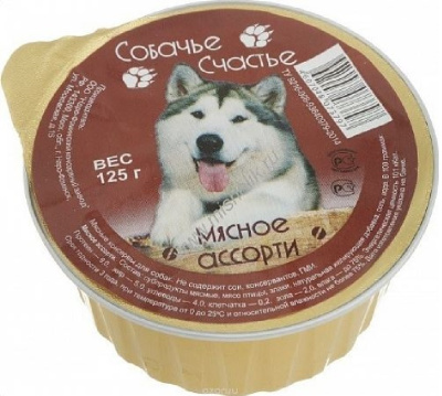 Собачье счастье.  Влажный корм для взрослых собак, мясное ассорти, 125г