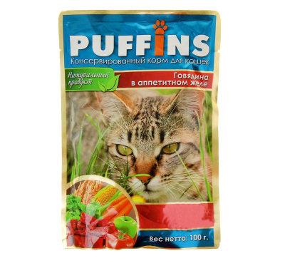 Пуффинс Влажный корм для кошек «Говядина в аппетитном желе» 100 гр