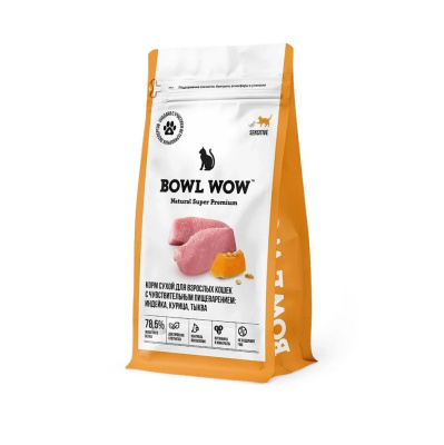 BOWL WOW Сухой корм для взрослых кошек с чувствительным пищеварением с индейкой, курицей и тыквой, 400 г