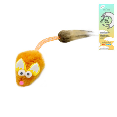 Игрушка GOSi для кошек "Лисенок с ушами" Рыжий с хвостом трубочка и кисточкой из меха