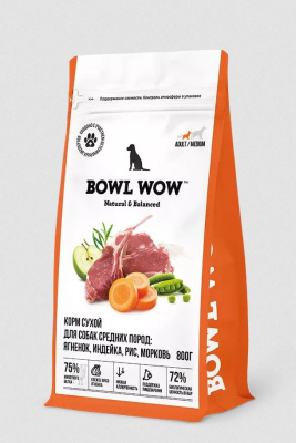 BOWL WOW Сухой корм для взрослых собак средних пород с ягненком, индейкой. рисом и морковью, 10 кг