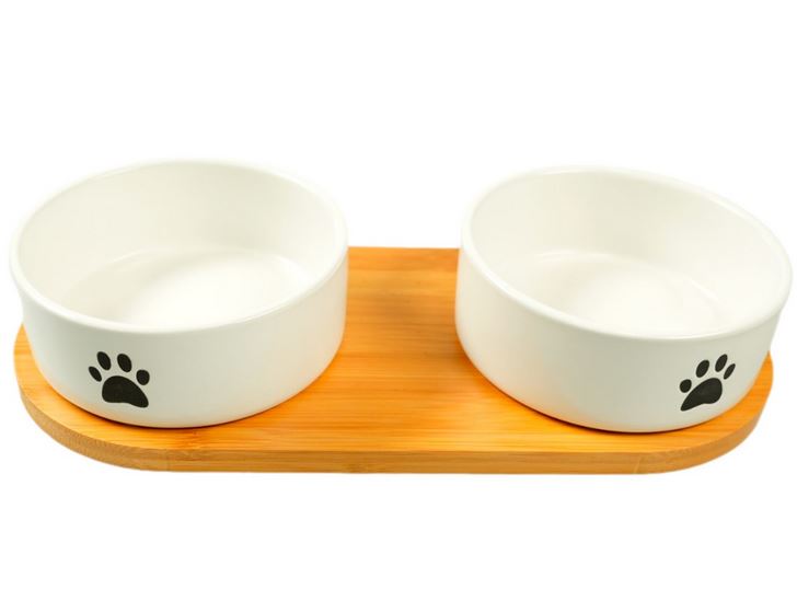 Миска Mr.Kranch Bamboo керамическая белая двойная на бамбуковой подставке 2х350 мл